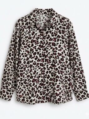 Zara Basic Red Gray Black Leopard Print Button Down Blouse XS